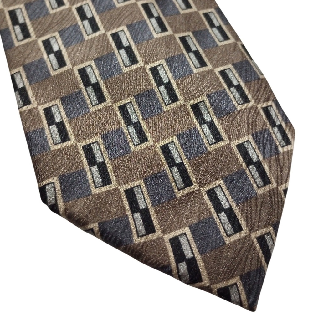 Versini Mens Silk Necktie Brown Blue Geometric Abstract Hand Made Silk Tie